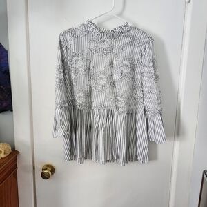 Zara Black and White Striped Floral Blouse